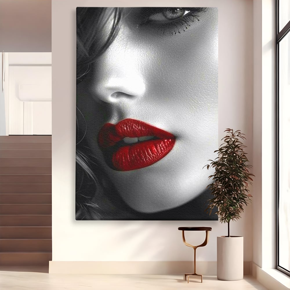 Tablou canvas cu portret feminin alb-negru cu buze rosii, fara rama, pe sasiu de lemn